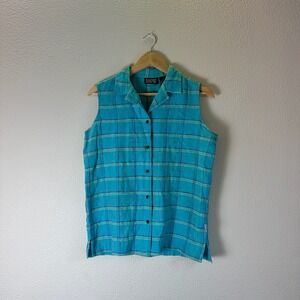 Blassport Sleeveless Top Womens Medium Turquoise Tropical Plaid Jacquard Y2K